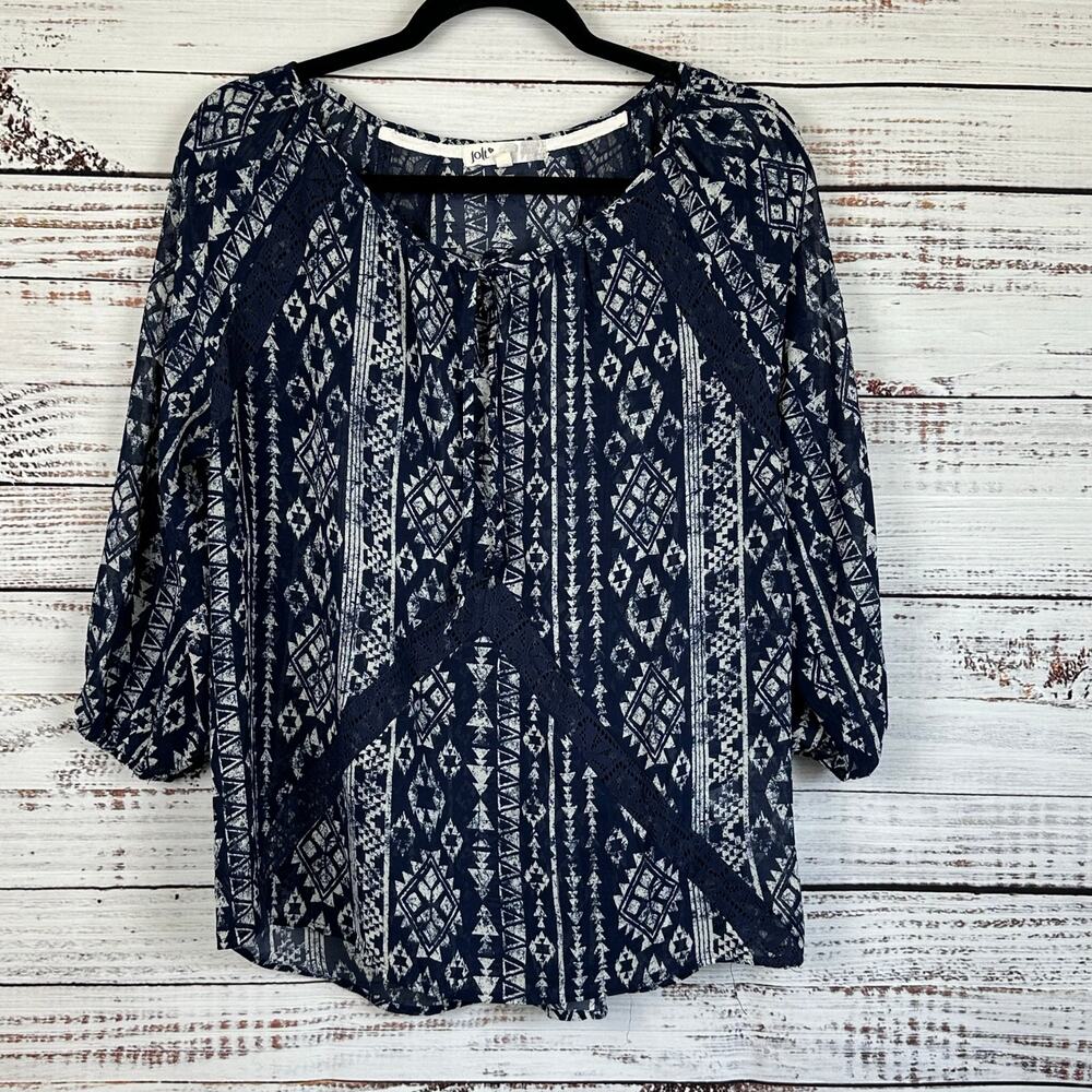 JOLT Navy Blue Aztec Lace Boho Flowy 3/4 Sleeve Top Career Casual Womens Size M